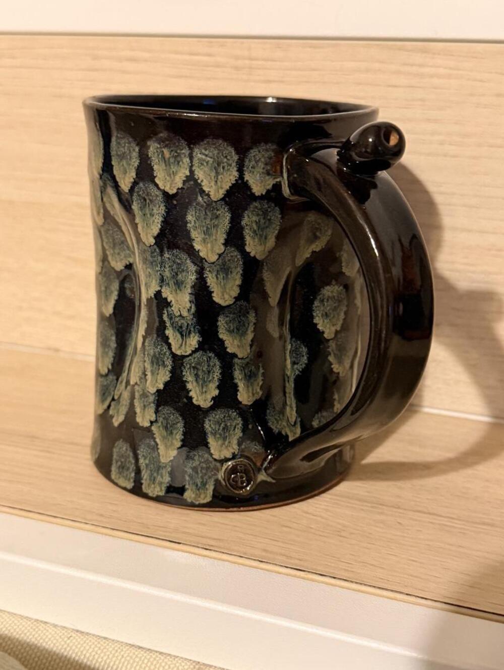 Unique Signed Pottery Mug, Custom Finger-rest, Green & Black, Handmade Design